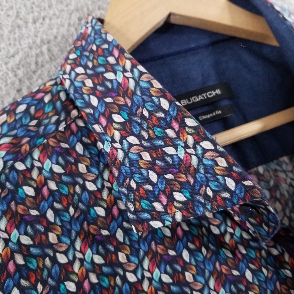 Bugatchi Shirt Mens XXL Blue Leaf Print Shaped Fit Colorful Dress Floral Art